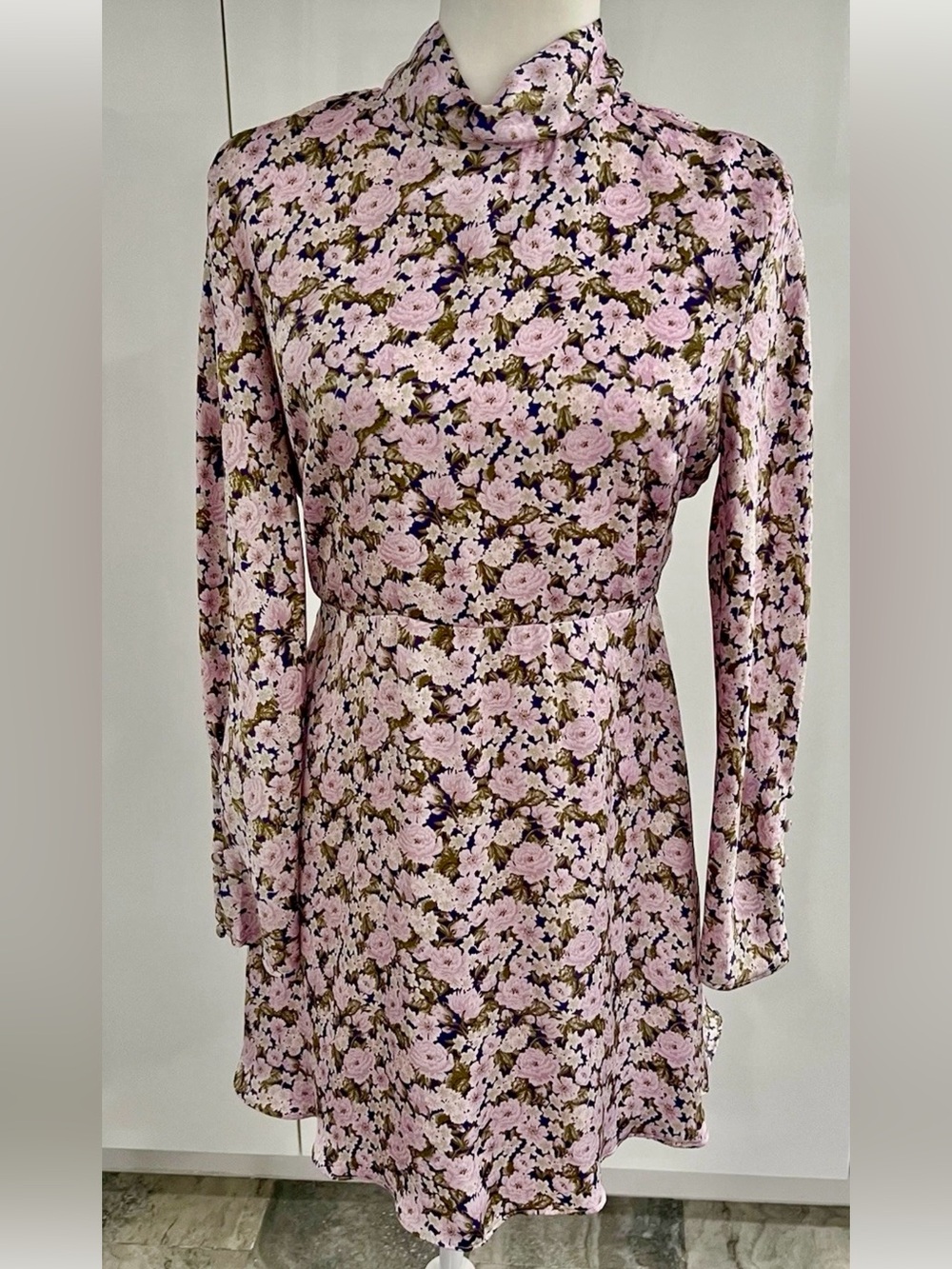 Zara NWT Floral Mini Dress High Neck Long Sleeve Button Cuff Size M